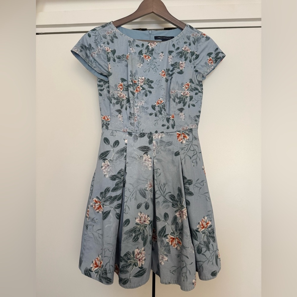 French Connection Dusty Blue Floral Cap-Sleeve Fit & Flare Dress